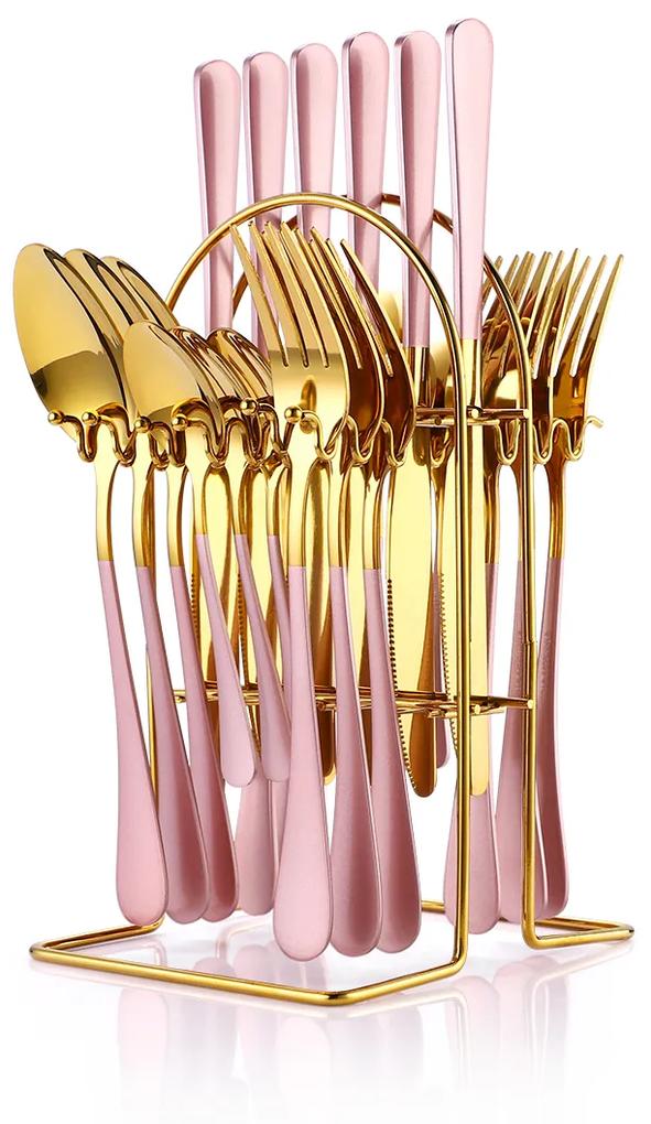 Set tacamuri stainless stell, 24 piese, cu suport, TRENDY’S, rose-gold