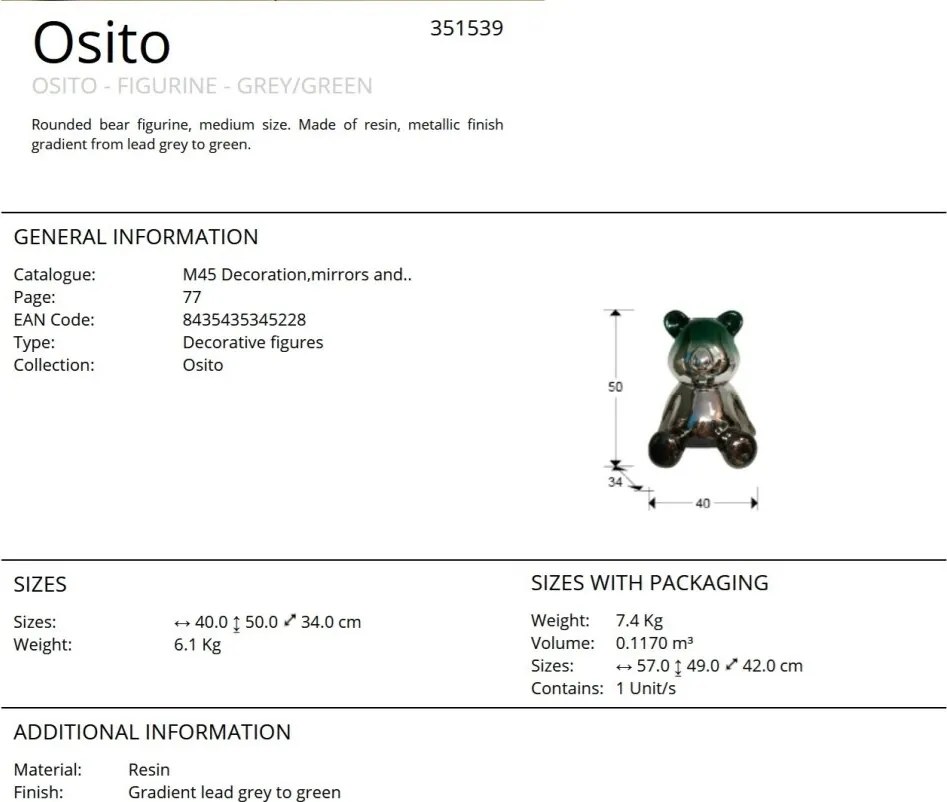 Figurina decorativa ursulet Osito gri, verde