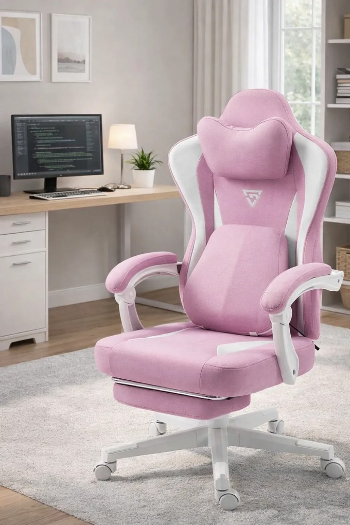 ErgoRelax Pro JD– Scaun Gaming Ergonomic, Masaj Lombar si Incalzire, Spătar Rabatabil 155°, Suport picioare, Material textil, Roz/Alb