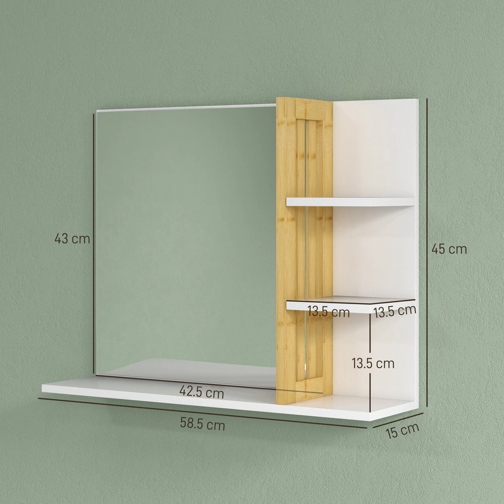 HOMCOM Oglindă Modernă de Baie Suspendată din Lemn cu 4 Rafturi, 45x15x58.5 cm, Alb | Aosom Romania