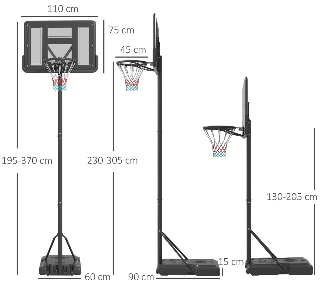 Coș de baschet reglabil pe înălțime cu bază umplută și spațiu pentru minge 110x75x195-370cm, negru SPORTNOW | Aosom RO