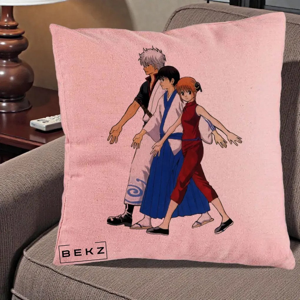 Perna Personalizata Gintama Trio Gintoki Shinpachi Kagura, 40x40 cm, Roz, Husa Detasabila, Perna Inclusa, BEKZ®