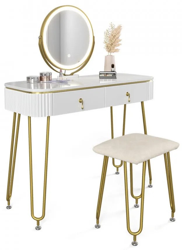 SEA398 - Set Masa toaleta, 100 cm, cosmetica machiaj, oglinda cu LED, scaunel taburet tapitat - Alb Lucios-Auriu