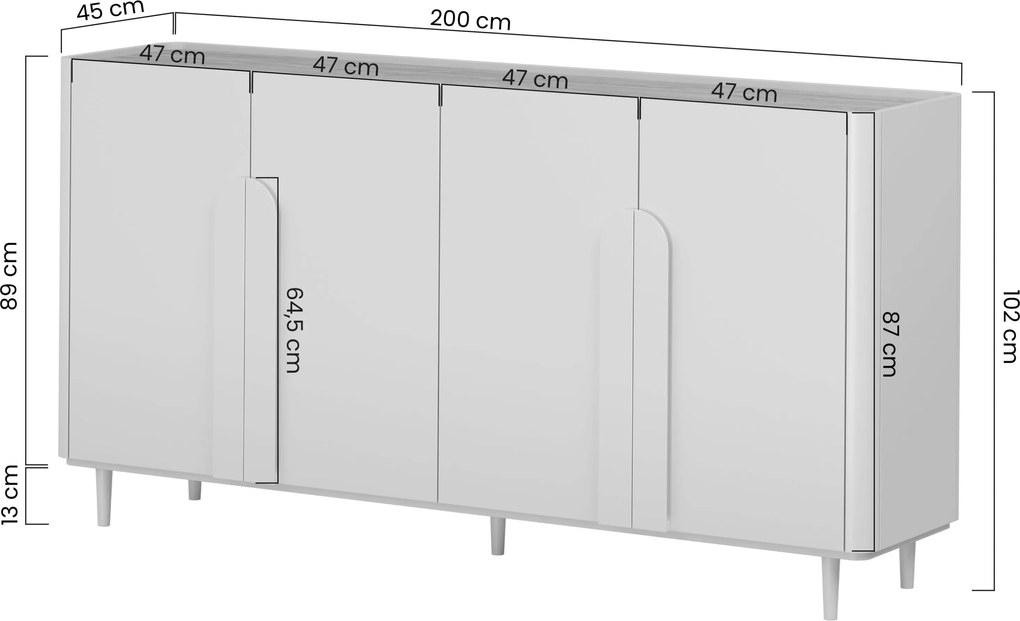Comodă cu patru uși pe picioare Amilio 200 cm - cașmir / stejar uleiat / mânere stejar deschis