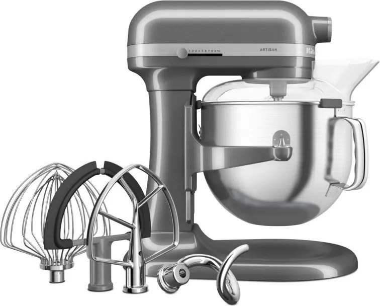 Mixer planetar KitchenAid Artisan 5KSM70SHXEMS Medallion silver, 375 W, 6,6 l, 11 viteze, 67 de puncte de contact, Ridicare bol, Viteză speciala „Fold”, Flex Edge, Gri metalizat