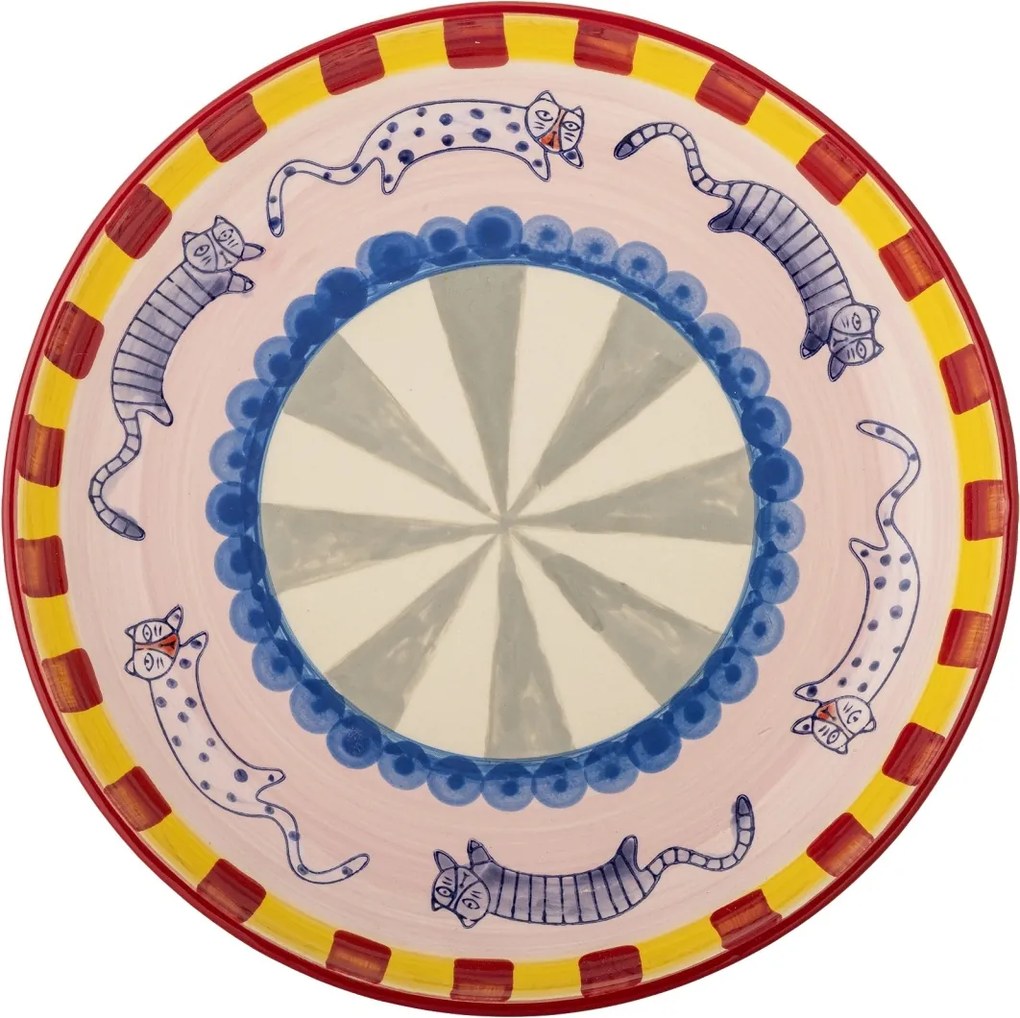 Platou decorativ din ceramică artizanală, multicolor, pictat manual cu pisici și motive geometrice, 30x6 cm, „Missy"