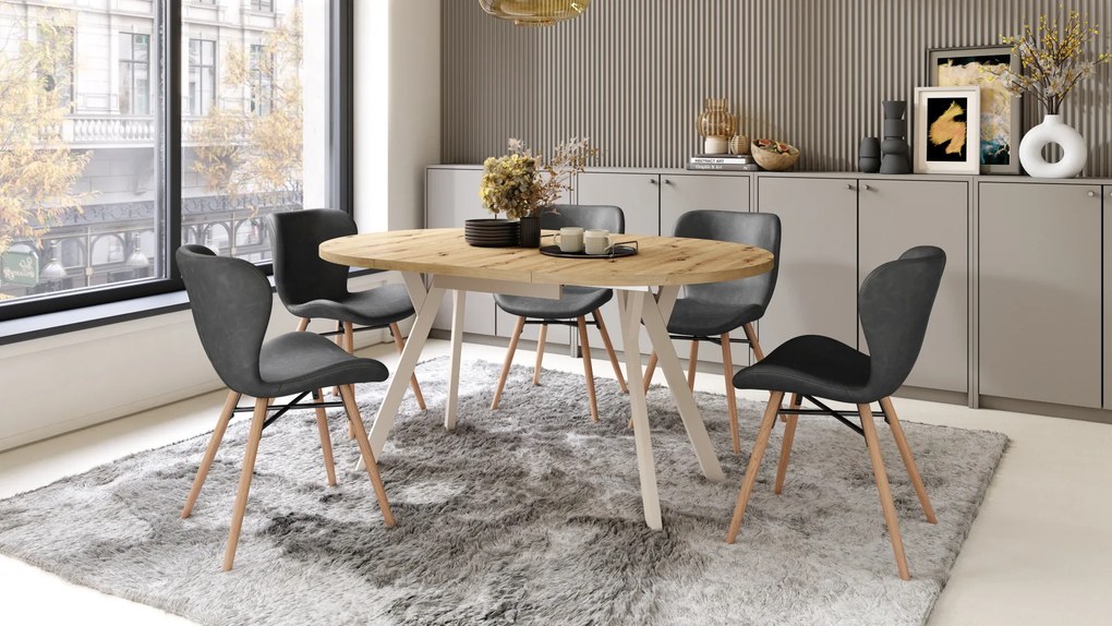 Mazzoni ALDO Stejar Artisan/picioare bej - MASĂ ROTUNDĂ EXTENSIBILĂ CU PICIOARE ÎN FORMĂ DE "Y" STIL LOFT PENTRU SALON/SUFRAGERIE