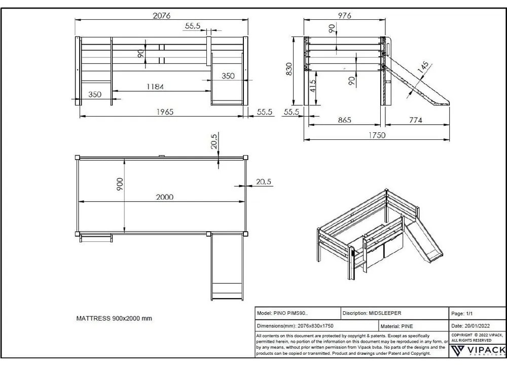 Pat înalt cu tobogan pentru copii Vipack Pino, 90 x 200 cm, alb