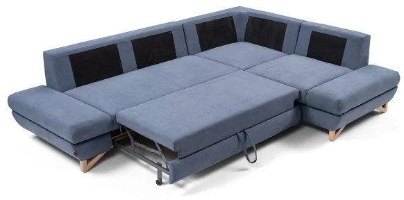 Colțar tapițat extensibil AVESTA, formă în L, cu spațiu de depozitare, versiune pe partea dreaptă, albastru