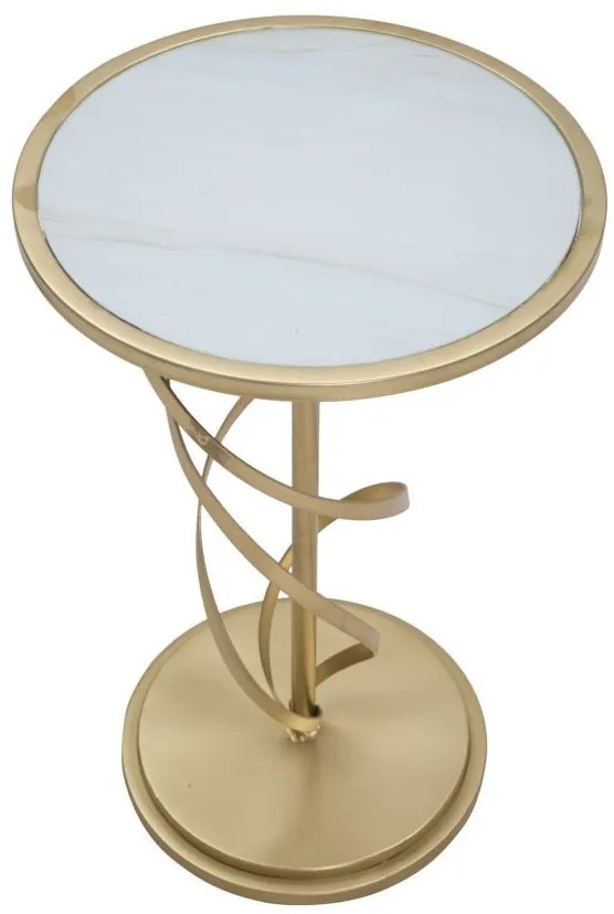 Masuta auxiliara carrara alb/aurie din metal si MDF, ∅ 38 cm, Spiral Mauro Ferretti