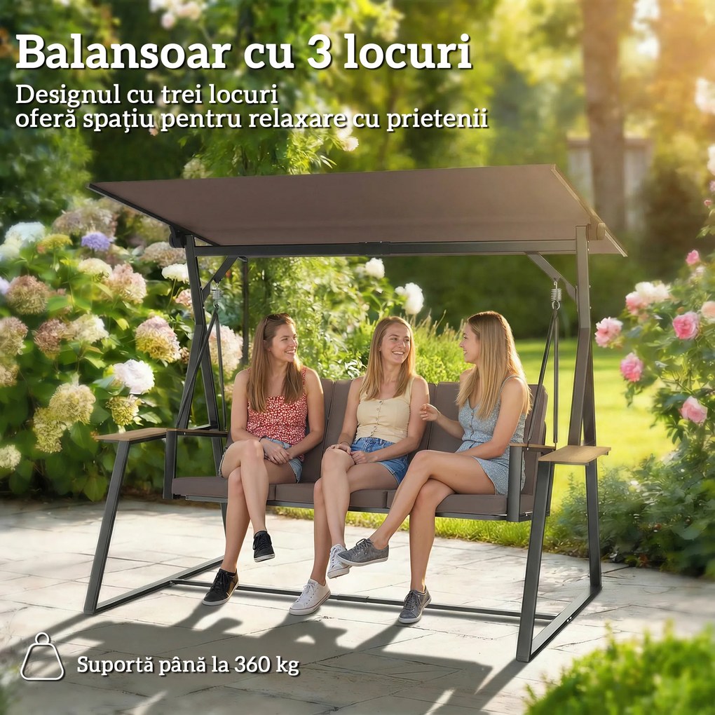 Outsunny Balansoar de Grădină cu 3 Locuri și Acoperiș Reglabil, Balansoar de Exterior din Metal cu Tăvi pentru Băuturi, Perne Imbătute, Capacitate 360kg, pentru Terasă sau Balcon, 222x131x175 cm, Maro | Aosom Romania
