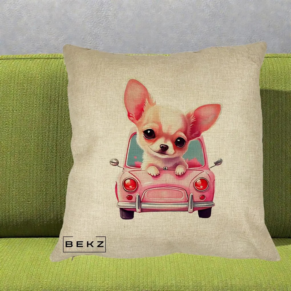 Perna Decorativa Chihuahua Roz in Masinuta, 40x40 cm, Crem, Husa Detasabila, Perna Inclusa, BEKZ®