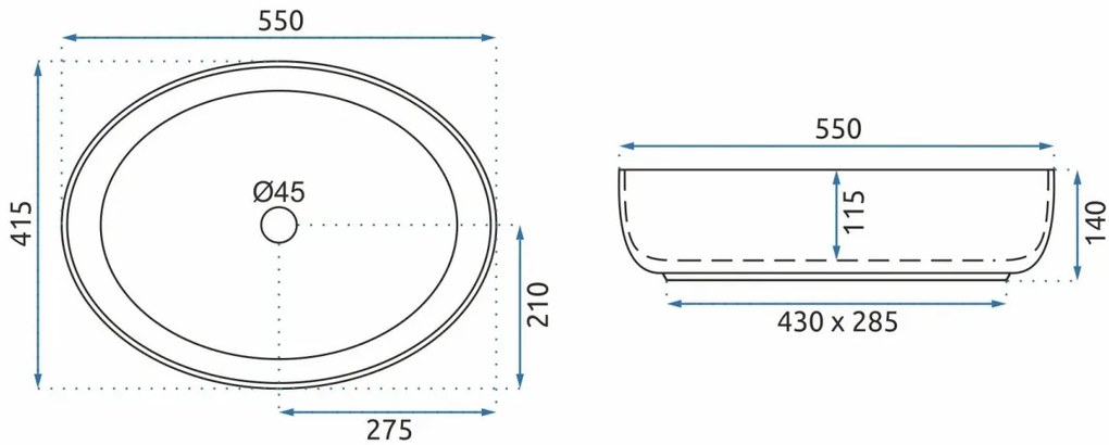 Lavoar pe blat Rea Queen Carrara oval finisaj alb marmura lucios 55 cm