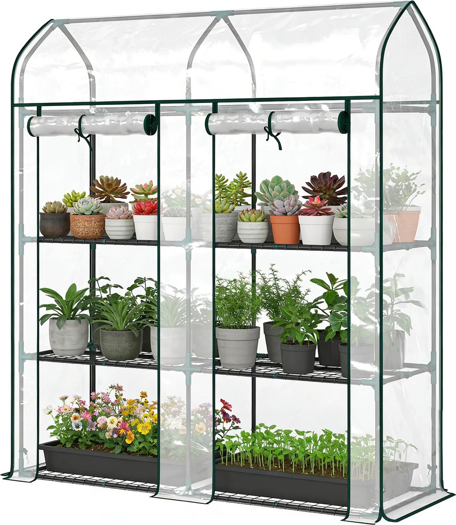 Outsunny Seră mică cu 3 niveluri, 2 uși rulou, cadru din oțel, husă din plastic, 143x46x165 cm, transparent | Aosom Romania
