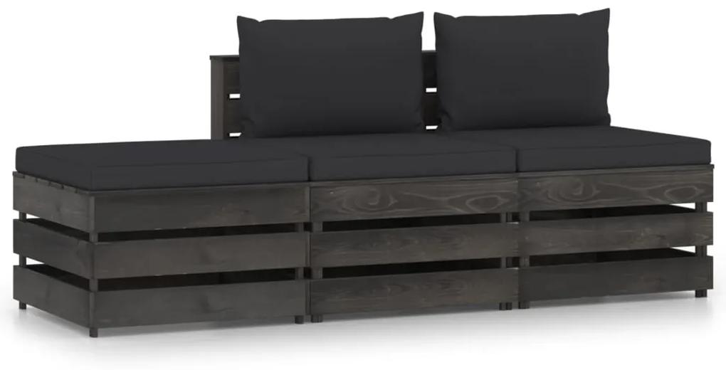 Set mobilier gradina cu perne, 3 piese, gri, lemn tratat negru si gri, 3