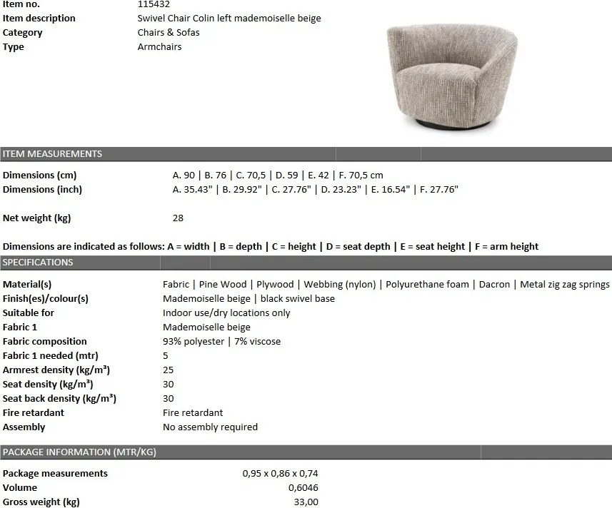 Fotoliu pivotant design elegant LUX Colin left, bej mademoiselle 115432 HZ