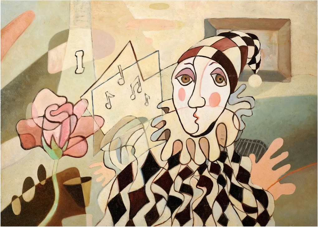 Tablou pe sticlă - Cubismul - arlechin și trandafir (70x50 cm)