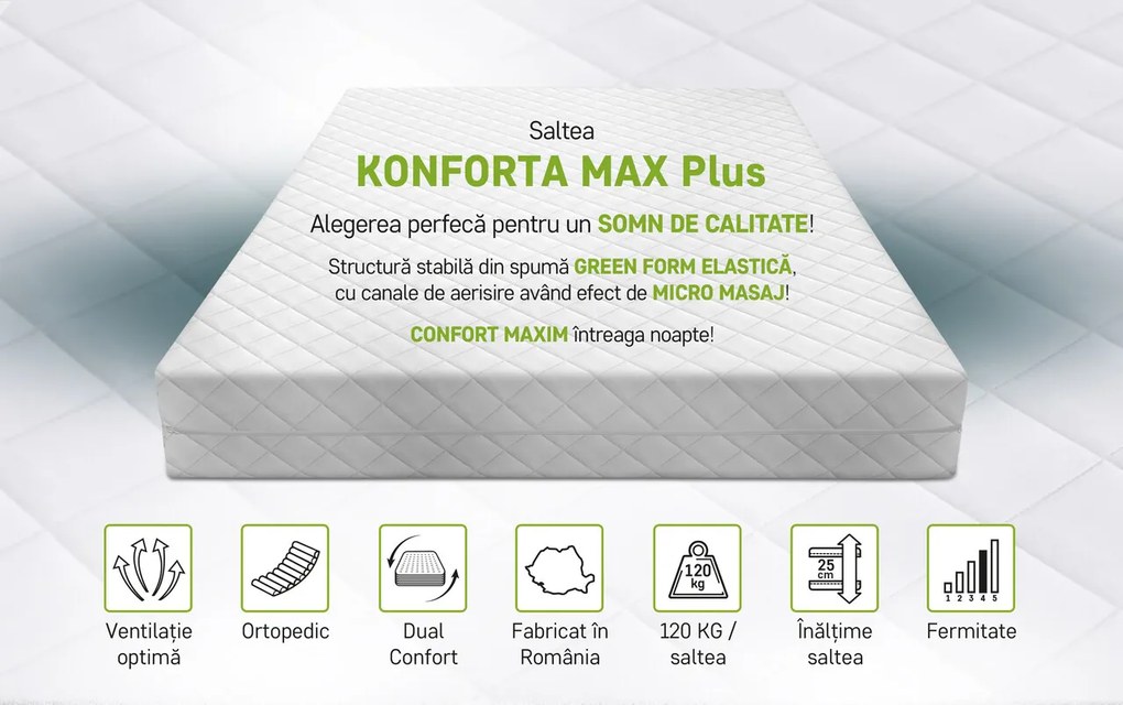 Saltea SuperOrtopedica Green Future KONFORTA Max Plus 25 cm, 140x200x25cm, Spuma poliuretanica elastica, Husa detasabila, lavabila, matlasata, hipoalergenica, Reversibila, Medie Ferma