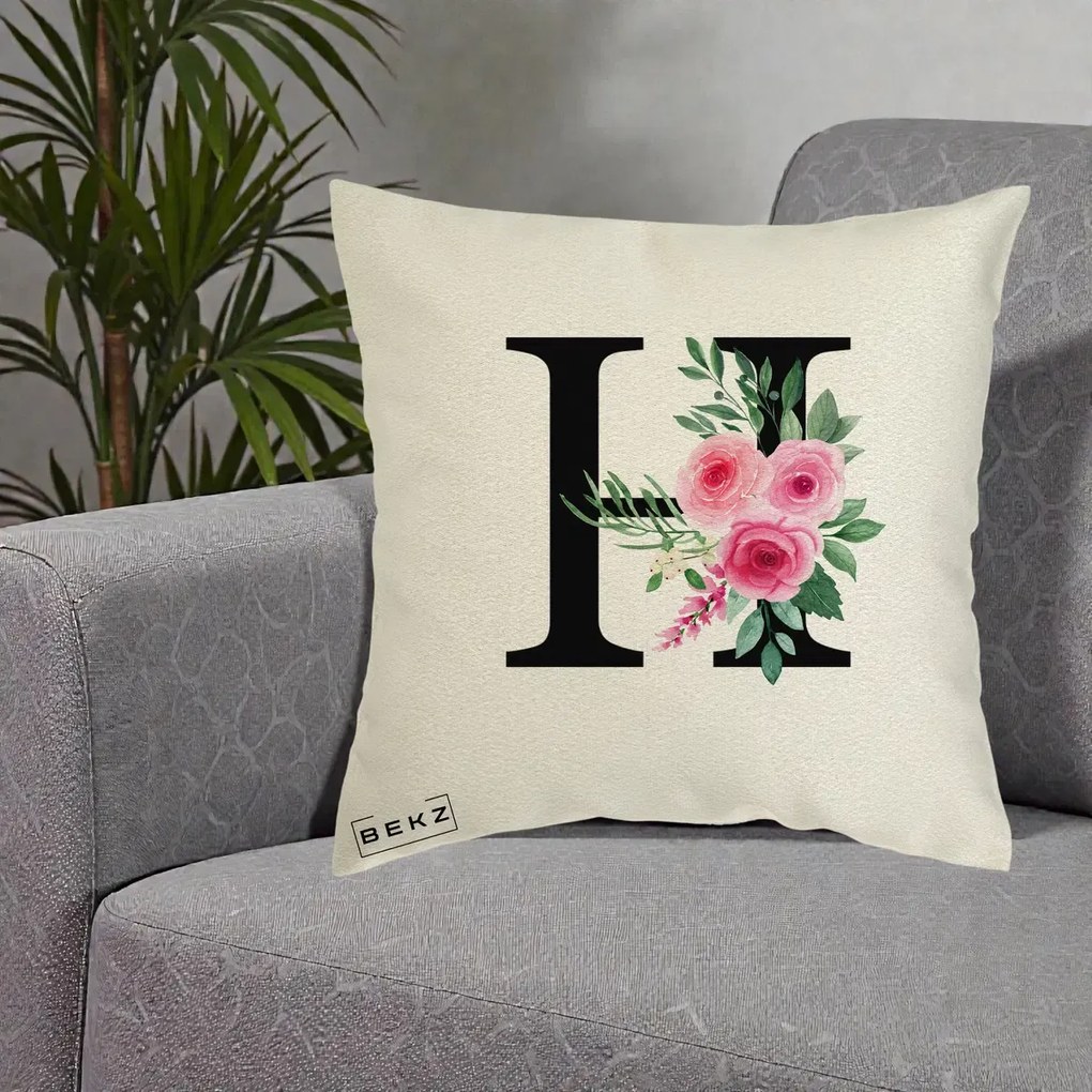 Cadou Personalizat - Perna Personalizata Monograma Florala Litera H cu Trandafiri Roz, 40x40 cm, Ecru, Husa Detasabila, Perna Inclusa, BEKZ®