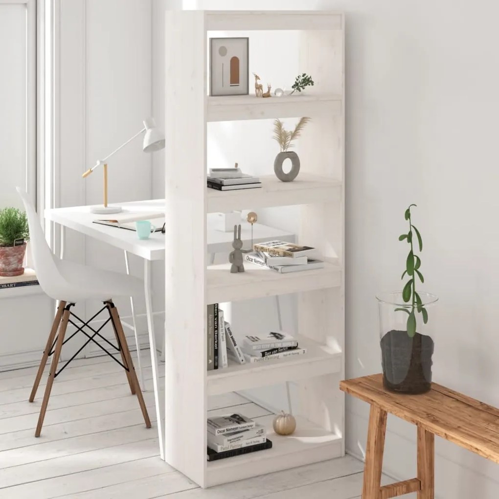 808174 vidaXL Bibliotecă/Separator cameră, alb, 60x30x167,5cm, lemn masiv pin