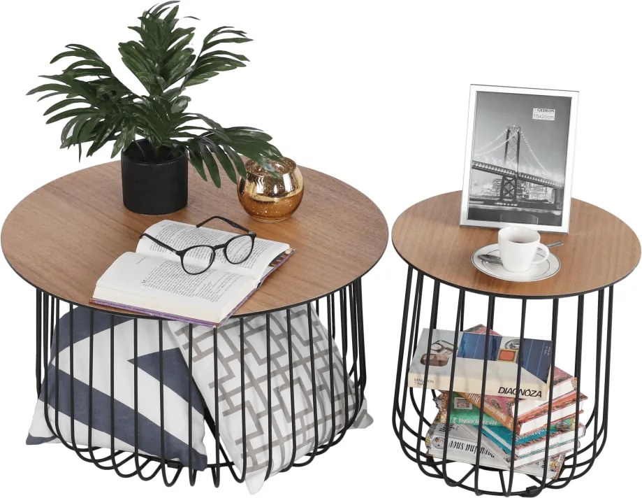 Set de două mese de cafea, stejar / negru, GROTO