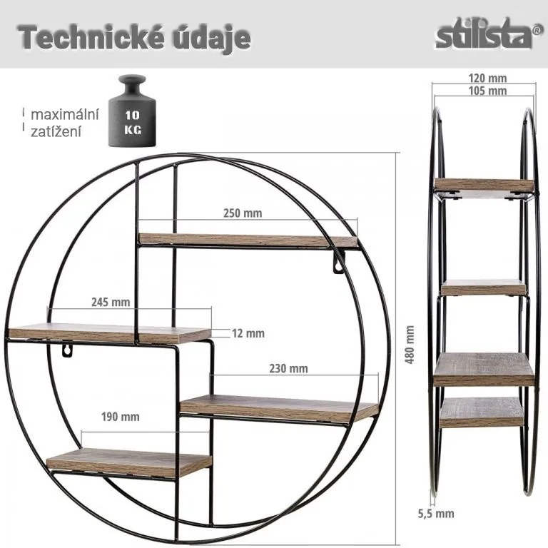 STILISTA Raft rotund de perete, sv. lemn, 48 x 48 x 12 cm
