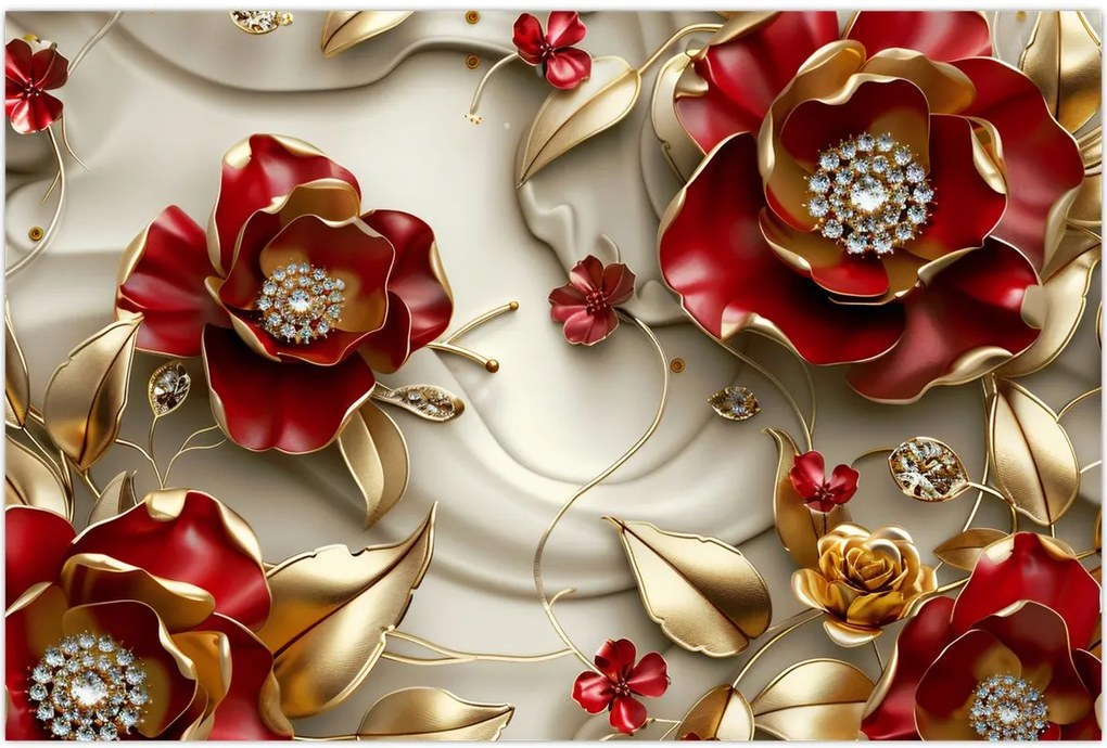 Tablou - Flori 3D Roșu-Auriu (90x60 cm)