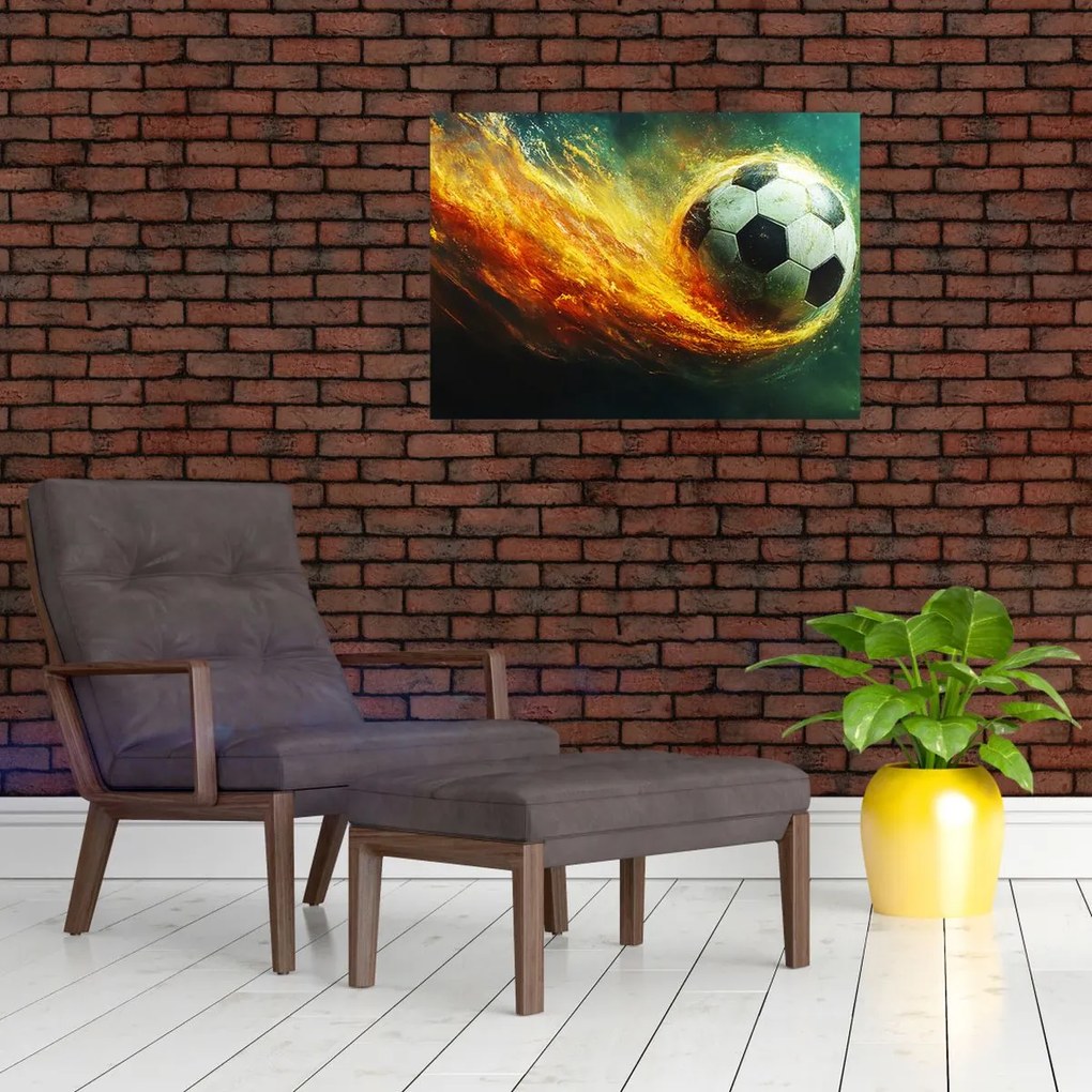 Tablou pe sticlă - Minge de Fotbal în Zbor (70x50 cm)