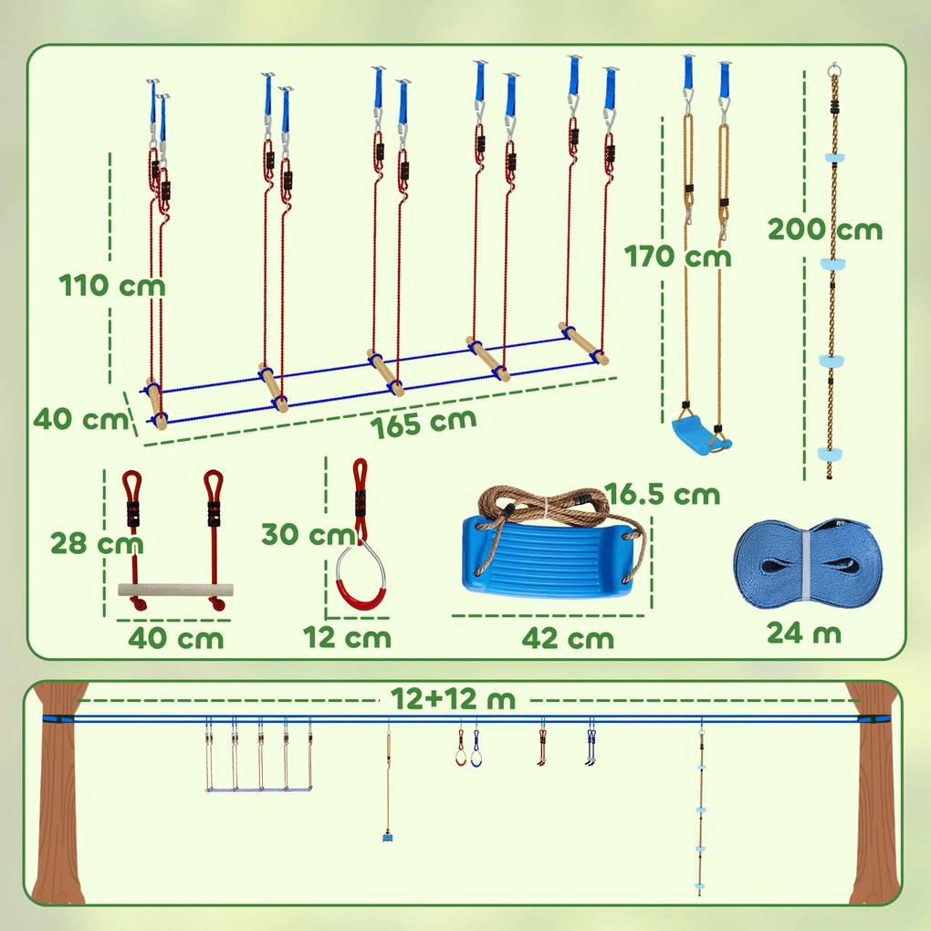 AIYAPLAY Ninja Line Set Slackline copii 24 m cu inele gimnastice, 7 obstacole, bară de cățărat, pod de echilibru pentru 3-6 ani Roșu+Albastru | Aosom Romania