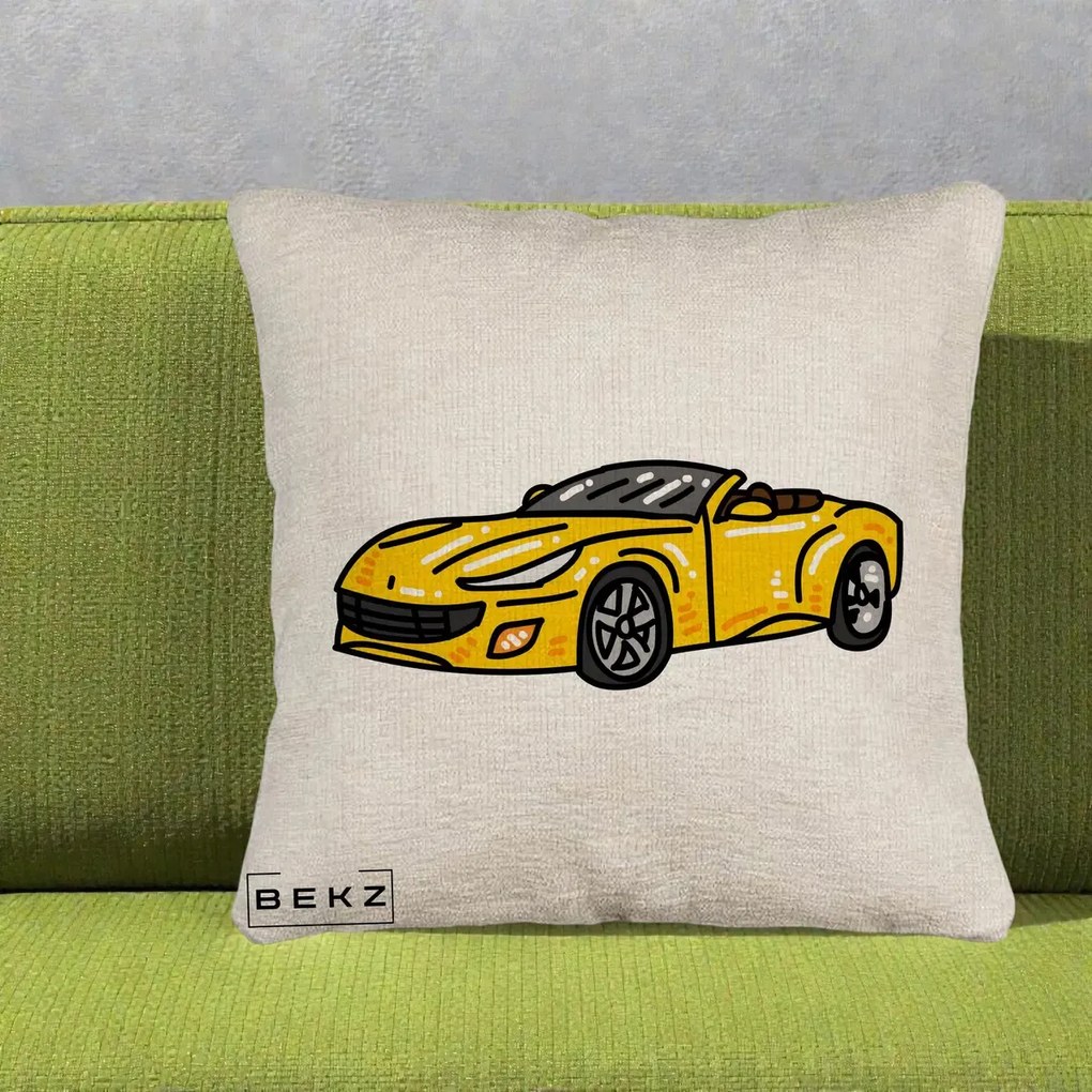 Perna Personalizata Masina Cabriolet Galbena Grafic, 40x40 cm, Bej Canapea, Husa Detasabila, Perna Inclusa, BEKZ®