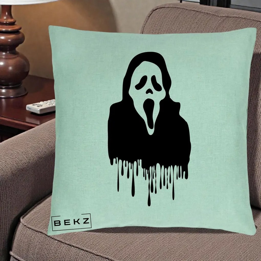 Perna Personalizata Halloween Ghostface Scream Picurand, 40x40 cm, Verde Menta, Husa Detasabila, Perna Inclusa, BEKZ®