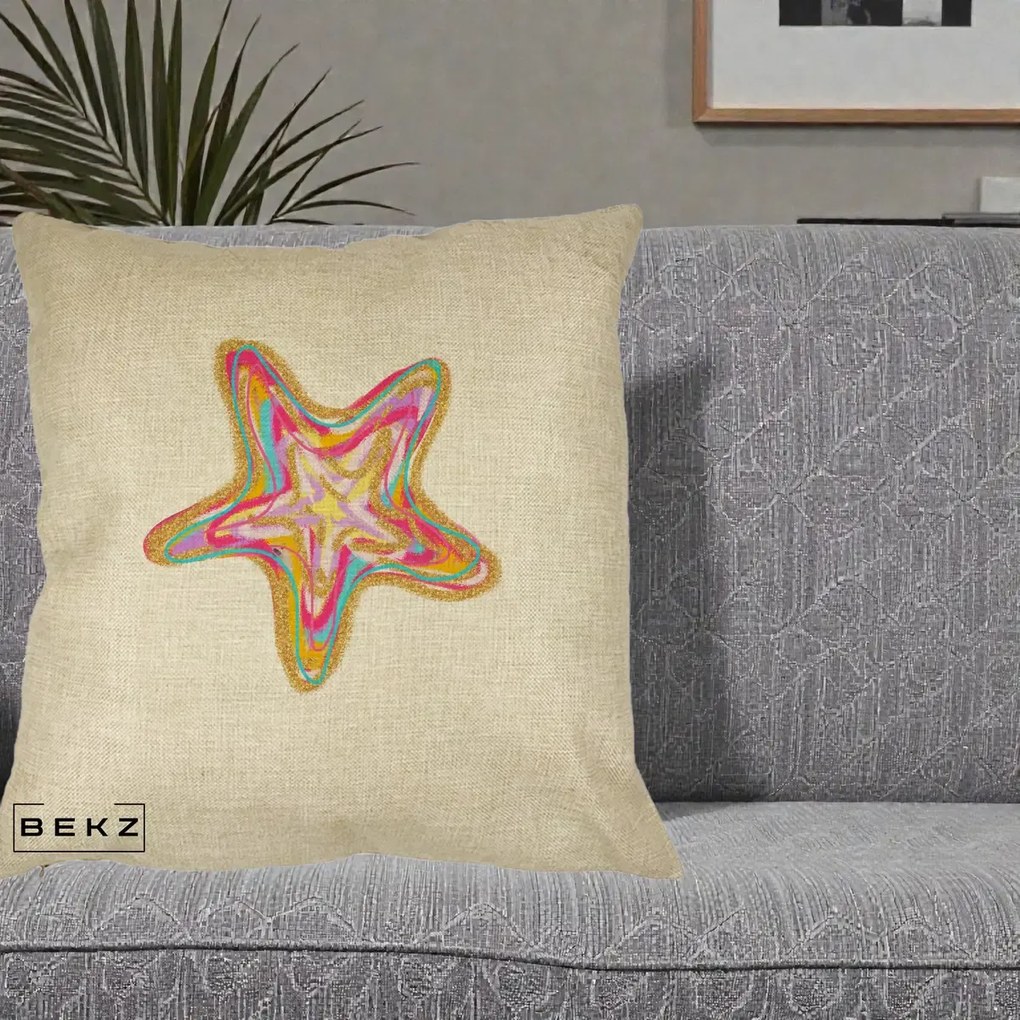 Perna Decorativa Stea de Mare Neon Curcubeu, 40x40 cm, Crem, Husa Detasabila, Perna Inclusa, BEKZ®