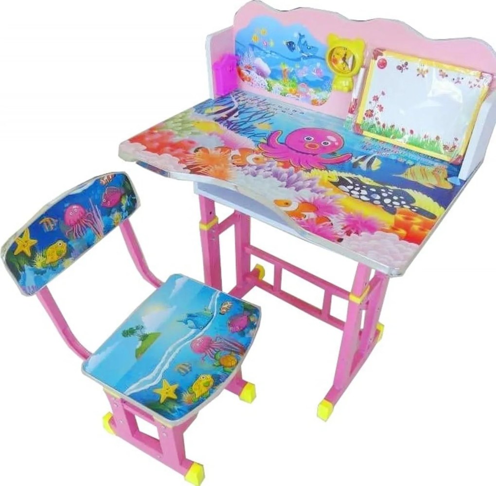 Birou copii din MDF cu jucarii interactive Novokids™ My first desk, dimensiuni 68X43X65, cadru metalic, masuta copii, Roz cu albastru