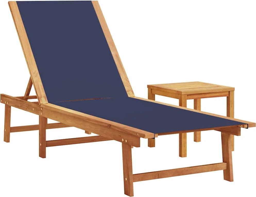 vidaXL Șezlong, albastru, cu masă, lemn masiv acacia și textilenă