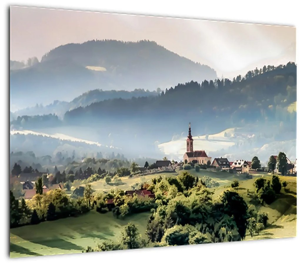 Tablou pe sticlă - sătuț în ceață (70x50 cm)
