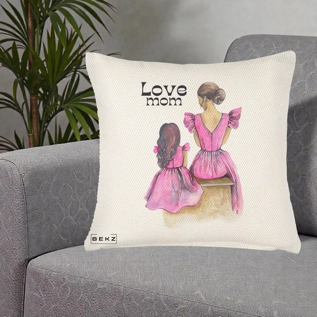 Cadou pentru Mama - Perna Personalizata Love Mom Rochii Roz, 40x40 cm, Crem Reliefat, Husa Detasabila, Perna Inclusa, BEKZ®