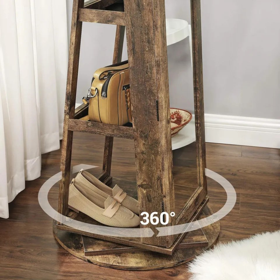 Dulap bijuterii cu oglinda, MDF melaminat / catifea, maro rustic, Songmics