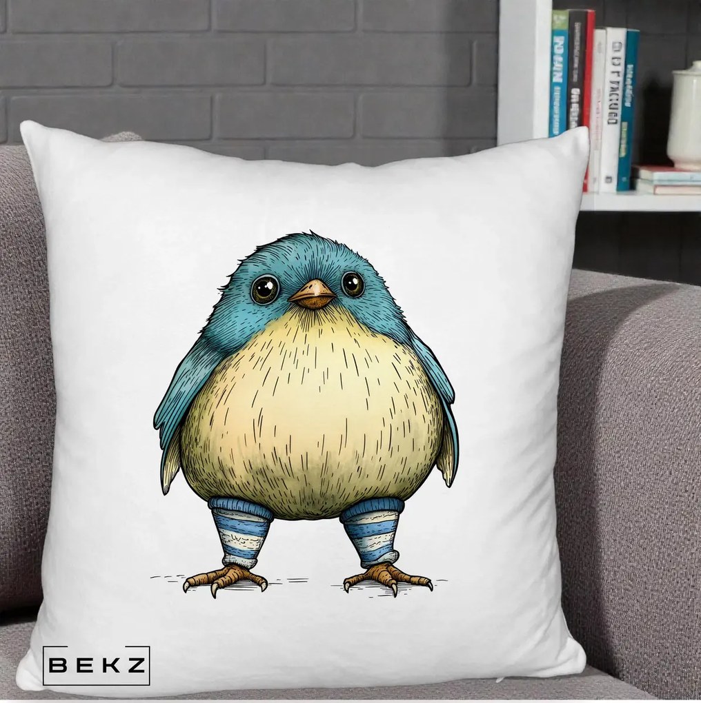Perna Decorativa Pasare Albastra cu Sosete Albastre, 40x40 cm, Alb Pufos, Husa Detasabila, Perna Inclusa, BEKZ®