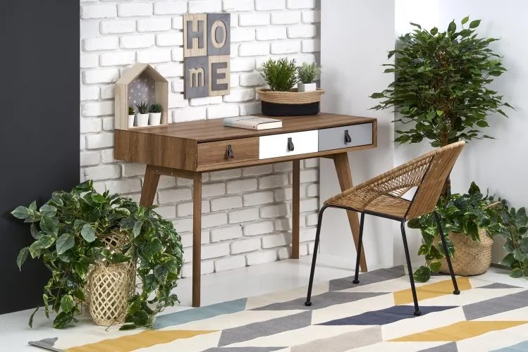 Masa de birou din MDF si lemn de pin, cu 3 sertare B-38 Nuc, L110xl35xH79 cm