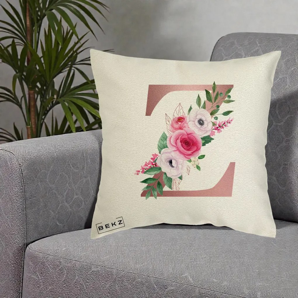 Cadou Personalizat - Perna Personalizata Monograma Rose Gold Litera Z, 40x40 cm, Ecru, Husa Detasabila, Perna Inclusa, BEKZ®