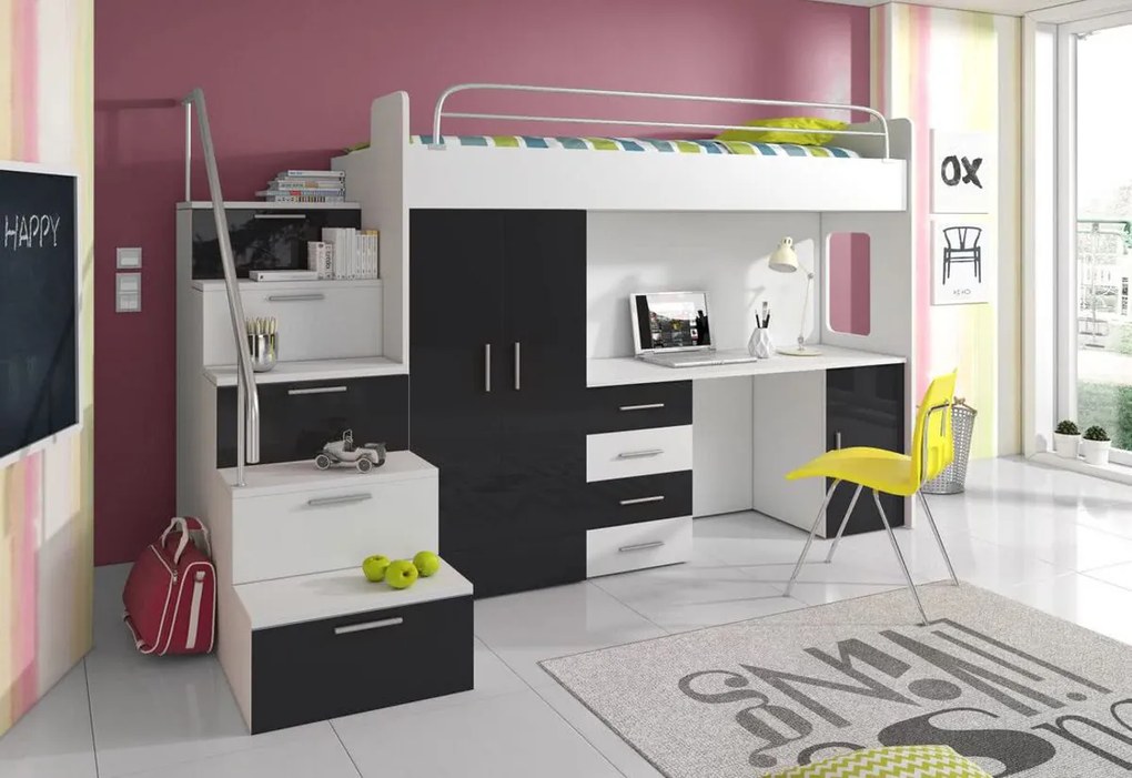Supermobel Pat supraetajat pentru copii RAJ IVs COLOR, 80x200, orientare universale, alb/gri luciu