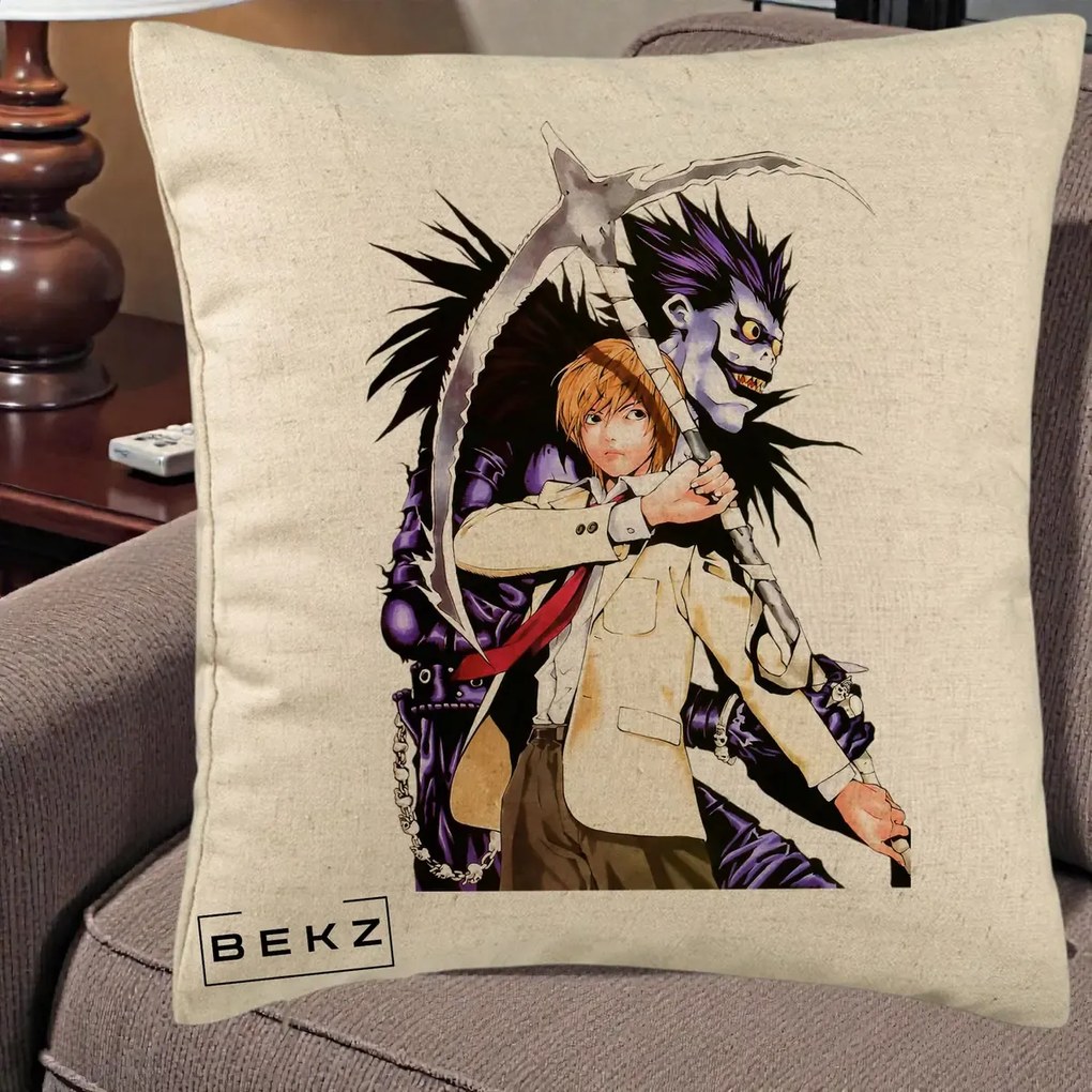 Perna Personalizata Death Note Light si Ryuk Duo, 40x40 cm, Bej, Husa Detasabila, Perna Inclusa, BEKZ®