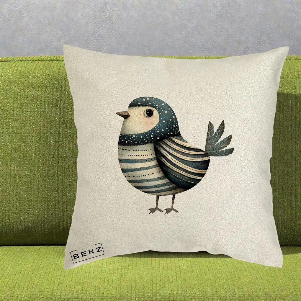 Perna Decorativa Pasare Teal Decorativa Dungata, 40x40 cm, Ecru, Husa Detasabila, Perna Inclusa, BEKZ®