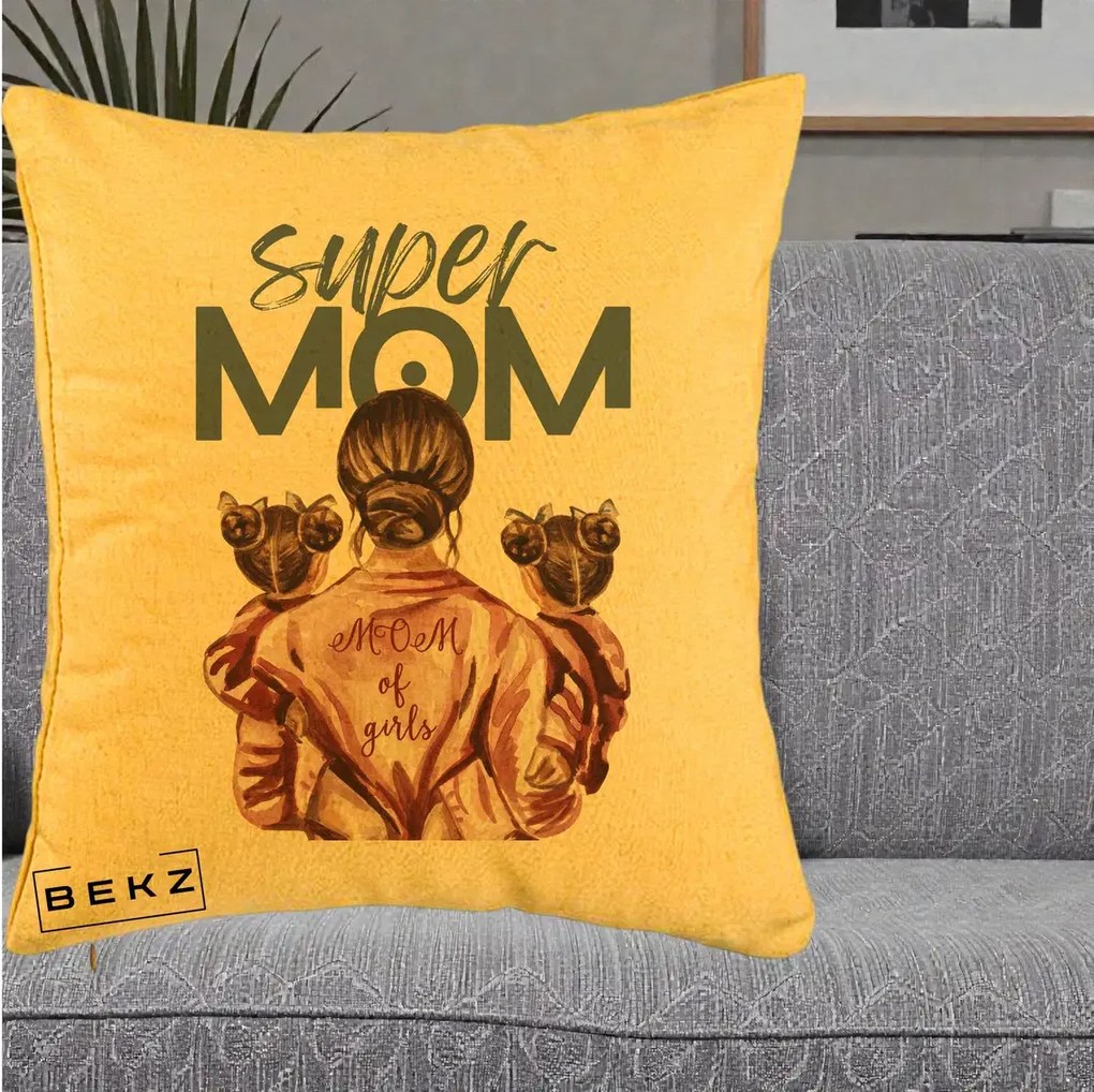 Cadou pentru Mama - Perna Personalizata Super Mom of Girls Mama cu Gemene, 40x40 cm, Galben, Husa Detasabila, Perna Inclusa, BEKZ®
