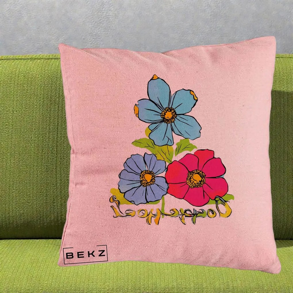 Perna Decorativa Trei Flori Grafice Pop Art, 40x40 cm, Roz, Husa Detasabila, Perna Inclusa, BEKZ®