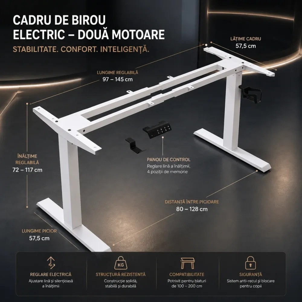 VARYON D16 – Cadru electric pentru birou, reglabil pe înălțime 72-117 cm și lățime 97-145 cm, 2 motoare, 3 memorii, sistem anti-coliziune, 150 kg, Alb
