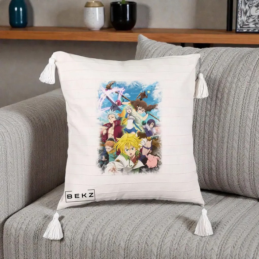 Perna Personalizata Nanatsu no Taizai Cele Sapte Pacate Mortale Anime, 40x40 cm, Bej cu Franjuri, Husa Detasabila, Perna Inclusa, BEKZ®