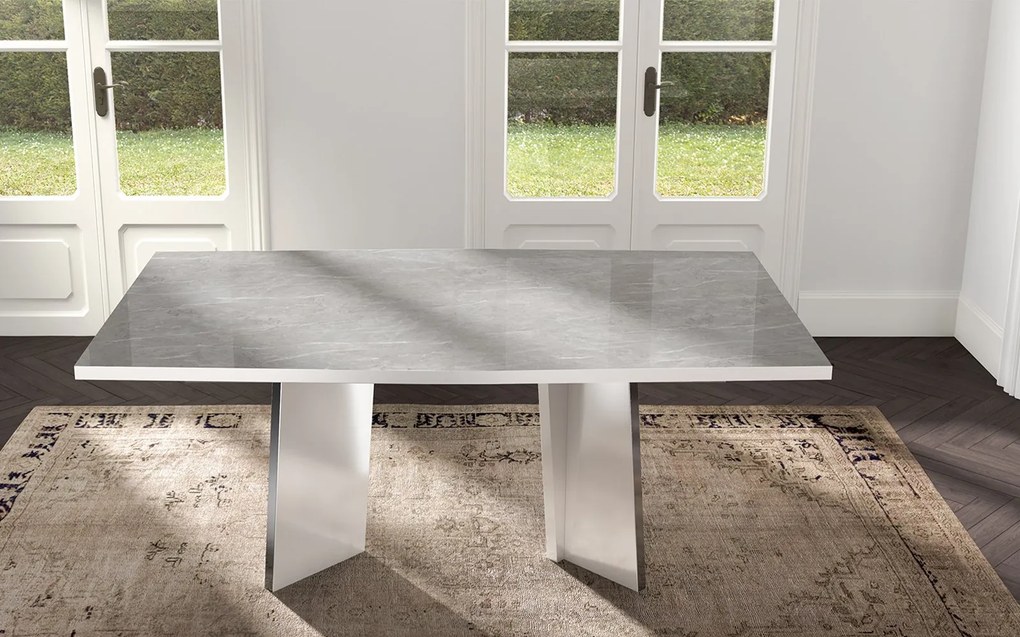 Set lemn masiv masă și scaune Mara White - 8 scaune, 250 × 115 × 76 cm
