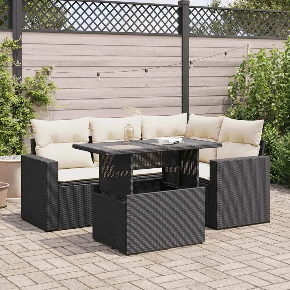 3326307 vidaXL Set mobilier de grădină cu perne, 5 piese, negru, poliratan