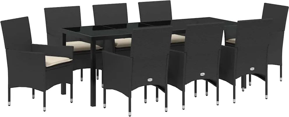 vidaXL Set de masă pentru grădină cu pernă 9 pcs Negru poliratan
